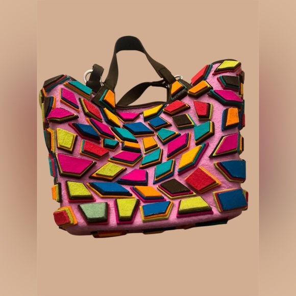 Sheep’s Wool Felt Pink and Orange Patchwork/ geometricTote Bag,Handmade bag - Picture 1 of 8